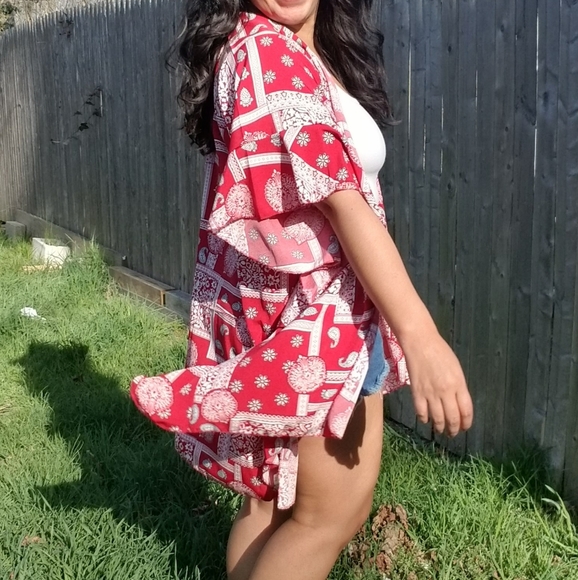 MANDALA KIMONO RUFFLE CARDIGAN IN RED - Picture 6 of 9